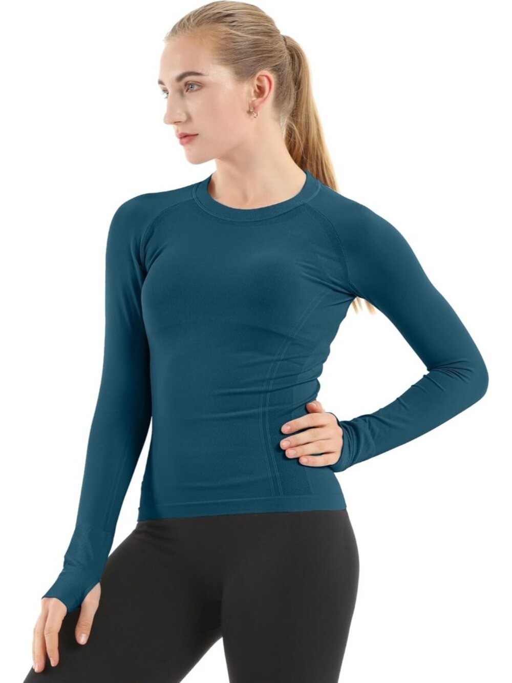 Women's Teal Blue Seamless Workout Shirts Long Sleeve Yoga Tops Sports Slim Fit